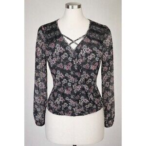 No Boundaries Juniors Blouse Size S Black Floral Sheer Lace Whimsigoth Y2K